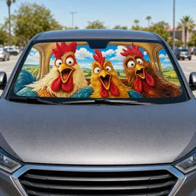 Joyful Cartoon Chickens Road Trip Countryside Cabin Scene For Farm Animal Lovers Car Sunshade