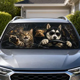 Mischievous Husky Cat Terrier Driving Scene With Cracked Glass For Road Trip Humor Car Sunshade