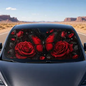 Crimson Rose Butterfly Dark Romantic Floral Decor For Gothic Daily Drives And Women Car Sunshade