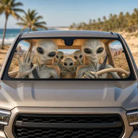 Friendly Gray Alien Family Desert Road Trip Scene For Sci Fi Travel Fans And UFO Lovers Car Sunshade