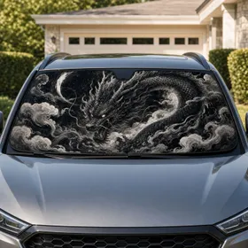 Monochrome East Asian Black Dragon Storm Clouds Gothic Fantasy Decor For Daily Drives Car Sunshade
