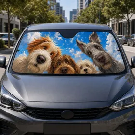 Curious Shaggy Dogs In Blue Sky Clouds For Road Trip Pet Lovers And Dog Families Car Sunshade