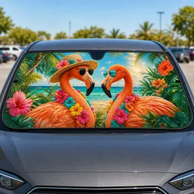 Tropical Flamingo Beach Scene With Palm Leaves And Ocean Glow For Summer Vacation Vibes Car Sunshade