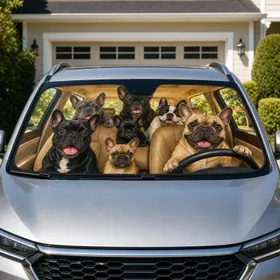 French Bulldog Pack In Beige Automobile Cabin Road Trip Gift For Dog Lovers Mom Dad Car Sunshade