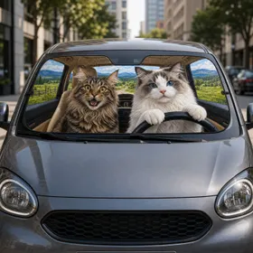 Realistic Cat Driver Duo Road Trip Scene For Pet Lovers And Cozy Travel Decor Gift Car Sunshade