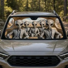Realistic Gray Alien Crew In Desert Cabin For Sci Fi Road Trips And UFO Enthusiasts Car Sunshade