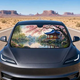 Cherry Blossom Pavilion Lake Scene For Zen Spring Travel And Garden Lovers Gift Idea Car Sunshade