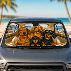 Happy Dachshunds In Coastal Road Trip Cabin For Dog Lovers And Beach Travelers Fans Car Sunshade