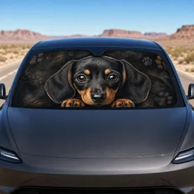 Black Tan Dachshund Puppy Face With Big Brown Eyes For Dog Lovers Road Trips Travel Gift Car Sunshade