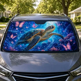 Sea Turtle With Pink Butterflies Ocean Fantasy Decor For Beach Trips And Daily Travel Car Sunshade