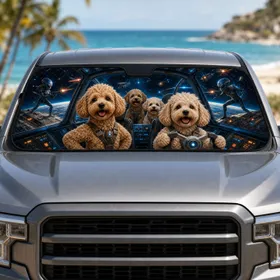 Curly Haired Dogs In Spaceship Cabin Sci Fi Adventure For Road Trip Dog Lovers Gift Car Sunshade