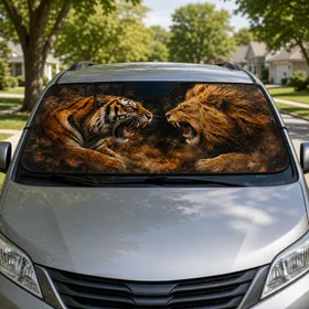 Roaring Tiger And Lion Standoff With Smoky Safari Drama For Wildlife Lovers On Road Trips Car Sunshade