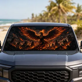 Dark Phoenix Rising Over Burning City For Gothic Fantasy Road Trips And Summer Drives Car Sunshade