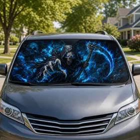Gothic Grim Reaper Skull With Blue Flames Dark Fantasy Horror Style For Gamers And Fans Car Sunshade