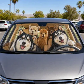 Husky And Alpaca Road Trip Pet Crew Cozy Cabin Summer Travel For Animal Lovers Gift Car Sunshade