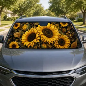 Golden Sunflowers On Deep Black Botanical Floral Decor For Road Trips And Campers Car Sunshade
