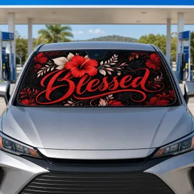 Blessed Red Script With Hibiscus Florals On Black For Faith Inspired Daily Drives Car Sunshade