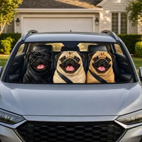 Three Smiling Pugs In Auto Cabin Road Trip Gift For Dog Lovers And Fun Pug Owners Car Sunshade