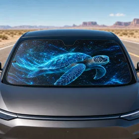Luminous Sea Turtle In Cyan Ocean Glow For Beach Trips And Coastal Wildlife Fans Car Sunshade