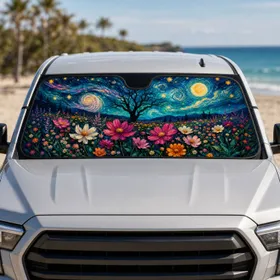 Starry Wildflower Meadow With Moonlit Tree For Boho Road Trips And Nature Lovers Car Sunshade