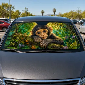 Baby Monkey In Lush Jungle Canopy Tropical Wildlife Decor For Safari Road Trip Fans Car Sunshade