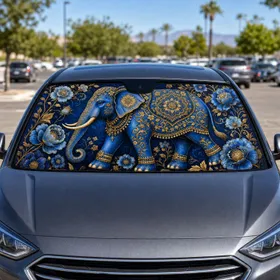 Ornate Blue Elephant With Gold Florals For Boho Travel Style And Indian Decor Fans Car Sunshade