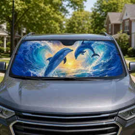 Blue Dolphins In Ocean Waves With Turquoise Glow For Coastal Summer Travel Lovers Car Sunshade