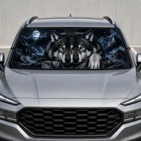 Icy Blue Eyed Northern Wolf On Rocks For Night Drive Decor And Wildlife Lovers Gift Car Sunshade