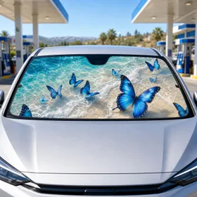 Tropical Beach Blue Butterflies Aqua Ocean Coastal Summer Decor For Beach Lovers Car Sunshade