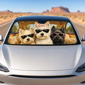 Three Sunglasses Terrier Dogs In Warm Vehicle Cabin For Road Trip Pet Lovers Decor Car Sunshade