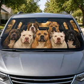 Realistic Pit Bull Bulldog Pack With Warm Cabin Vibes For Dog Lover Summer Rides Car Sunshade