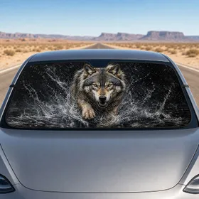 Charging Gray Wolf In Night Water Splashes For Wildlife Lovers And Outdoor Drivers Car Sunshade