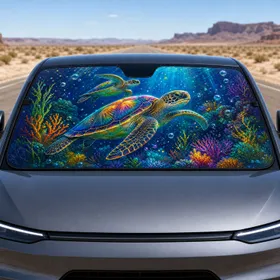 Vibrant Sea Turtles In Tropical Ocean Reef For Beach Lovers And Coastal Decor Fans Car Sunshade