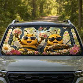 Whimsical Fuzzy Honeybee Duo With Daisies For Cheerful Road Trip Decor And Bee Lovers Car Sunshade