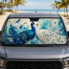 Sapphire Blue Ivory Peacock Pair With Teal Feathers For Elegant Summer Travel Gift Car Sunshade