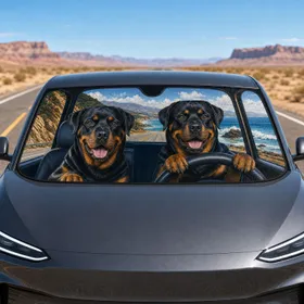 Rottweiler Coastal Road Trip Scene With Happy Dogs For Pet Lovers On Daily Drives Car Sunshade