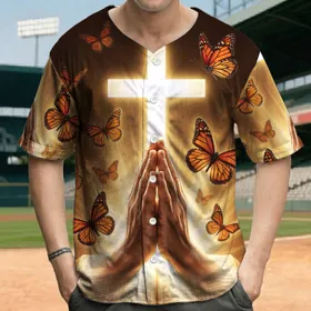 Jesus Cross Praying Hands Bible Faith Inspiration Gift for Christian Believer Baseball Jersey
