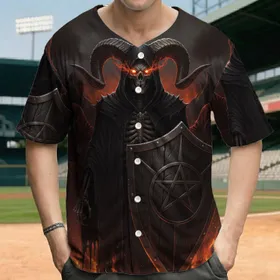 Skeletal Figures Black Red Robes Ram Horns Pentagram Shield Fiery Demonic Horns - Halloween Costume Baseball Jersey