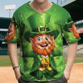 Cheerful Leprechaun Green Top Hat Gold Buckle Shamrocks Clover Beard St Patricks Day Gift Baseball Jersey