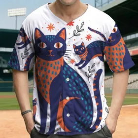 Stylized Blue Orange Cat Dotted Teal Accents Abstract Leaf Starburst - Cat Lover Gift Baseball Jersey