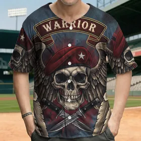 Warrior Skull Red Military Beret Star Feathered Wings Crossed Knives - Veteran Gift Baseball Jersey
