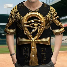 Ankh Eye of Horus Winged Sun Cryptic Text Egyptian Symbols - Spiritual Heritage Gift Baseball Jersey