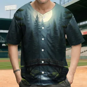 Full Moon Pine Forest Bridge River Moss - Everyday Gift Baseball Jersey