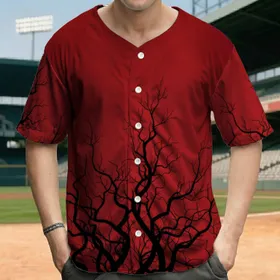 Gnarled Black Tree Silhouettes Leafless Branches Crimson Red Field - Outdoor Explorer Gift Baseball Jersey