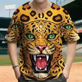 Cartoon Leopard Head, Green Eyes, Pink Nose, Open Mouth, Sharp Fangs - Wildlife Lover Gift Baseball Jersey