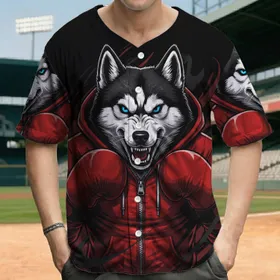 Husky Dog with Red Boxing Gloves in Guard Stance - Boxer Enthusiast Gift for Pet Lovers Baseball Jersey