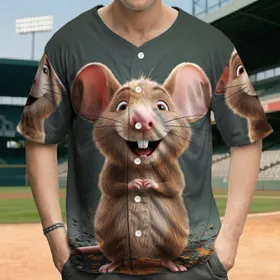 Large Upright Grinning Cartoon Mouse Shaggy Fur Big Ears - Wildlife Lover Gift Baseball Jersey