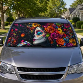 Mexican Skull Woman With Neon Flowers And Gothic Floral Día De Los Muertos Style Car Sunshade