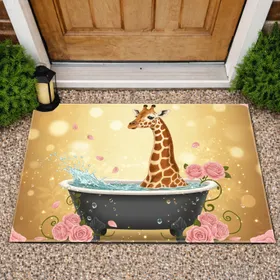 Baby Giraffe Clawfoot Tub Pink Roses - Wildlife Lover Home Decor Gift Doormat