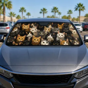 Cute Cat Faces Crowd Black Orange Tabby Calico Tuxedo Amber Eyes Pet Lover Decor Gift Car Sunshade